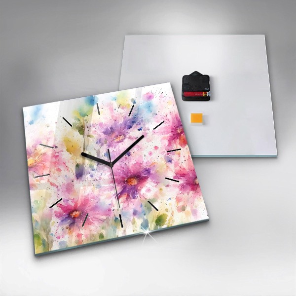 Square glass wall clock Painted flowers