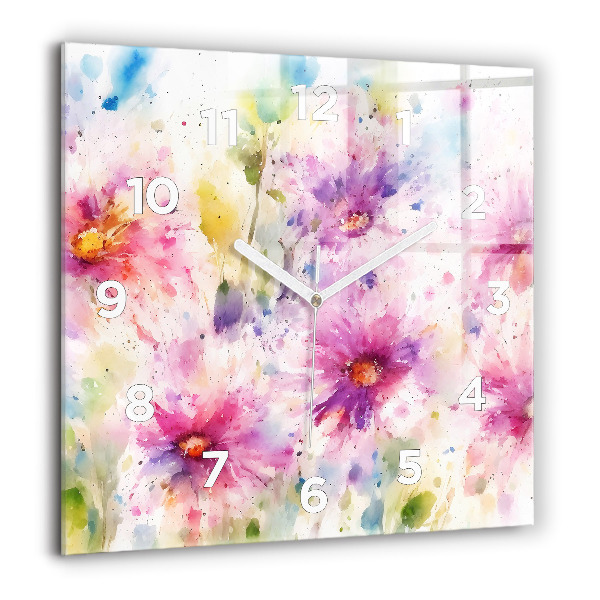 Square glass wall clock Painted flowers