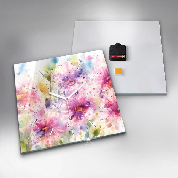 Square glass wall clock Painted flowers