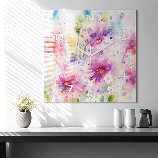 Square glass wall clock Painted flowers