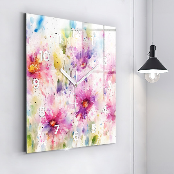 Square glass wall clock Painted flowers