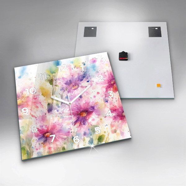 Square glass wall clock Painted flowers