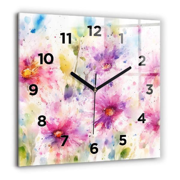 Square glass wall clock Painted flowers