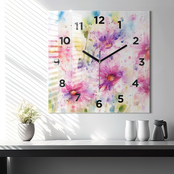 Square glass wall clock Painted flowers