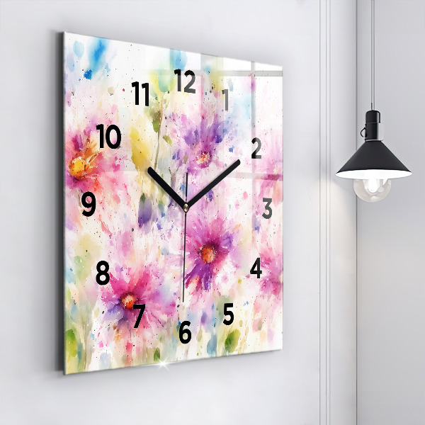 Square glass wall clock Painted flowers