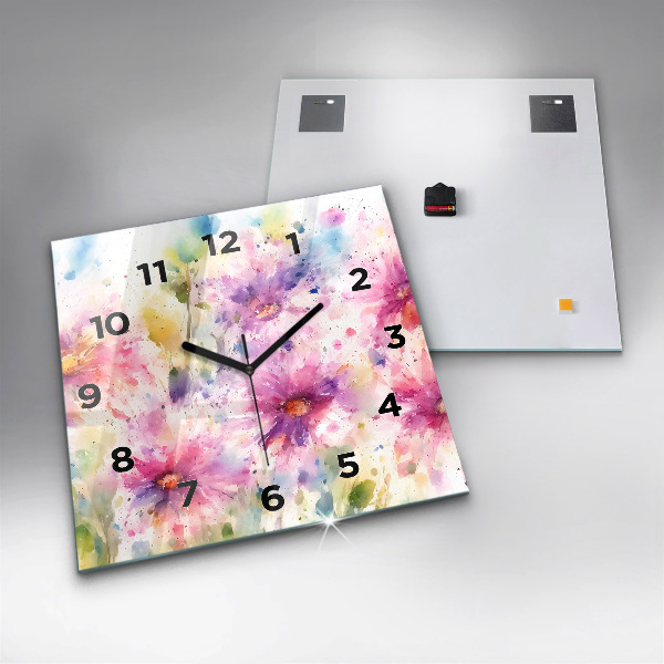 Square glass wall clock Painted flowers