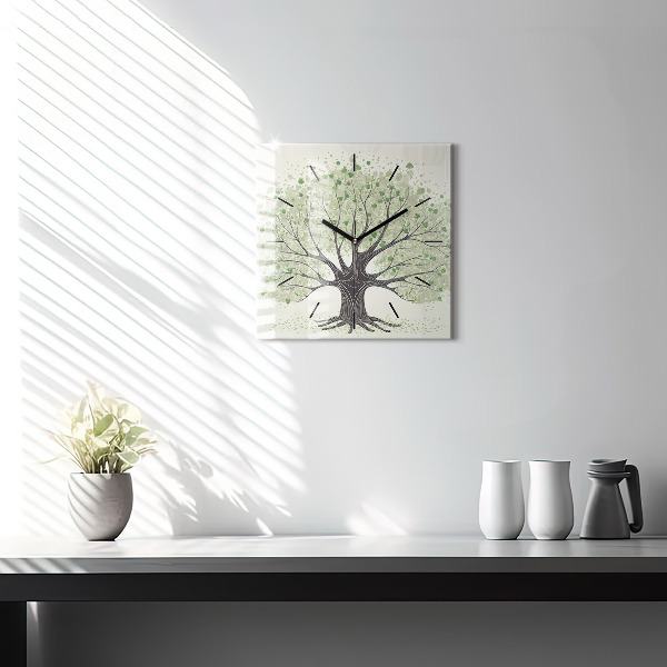 Square glass wall clock Big tree nature
