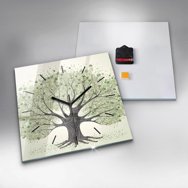 Square glass wall clock Big tree nature