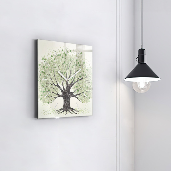 Square glass wall clock Big tree nature
