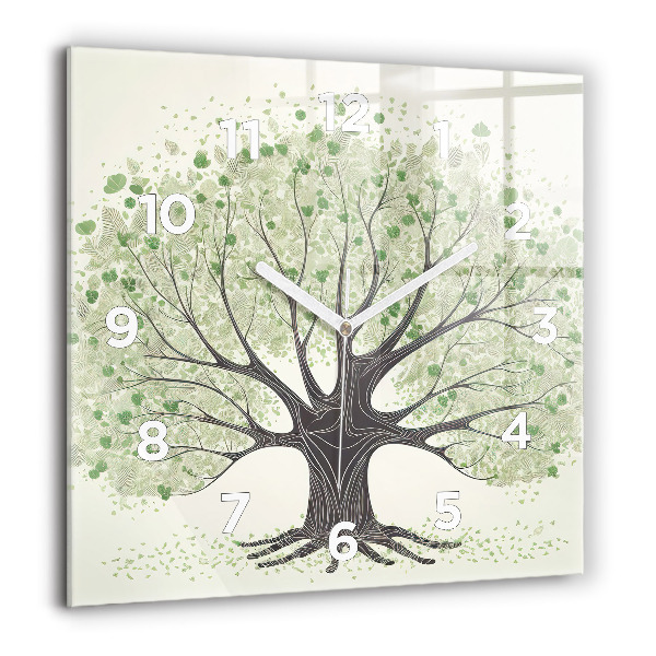 Square glass wall clock Big tree nature