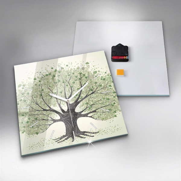 Square glass wall clock Big tree nature