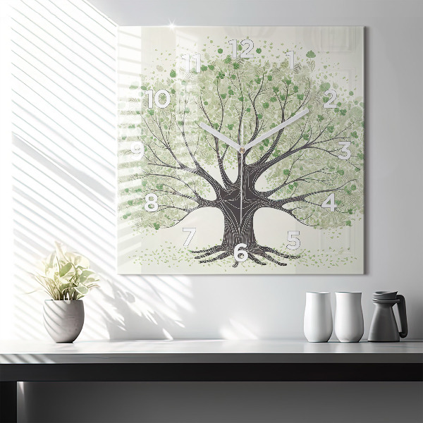Square glass wall clock Big tree nature