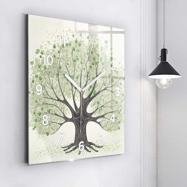 Square glass wall clock Big tree nature