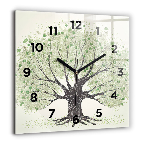 Square glass wall clock Big tree nature