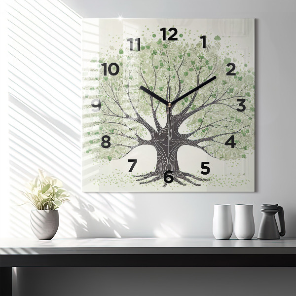Square glass wall clock Big tree nature