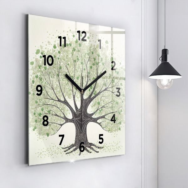 Square glass wall clock Big tree nature
