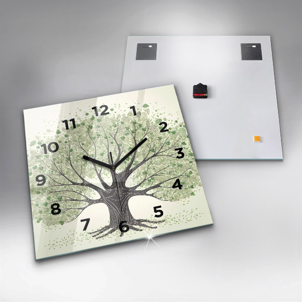 Square glass wall clock Big tree nature