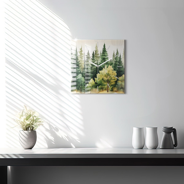 Square glass wall clock Landscape forest