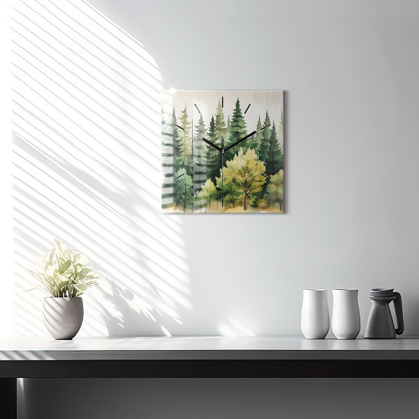Square glass wall clock Landscape forest