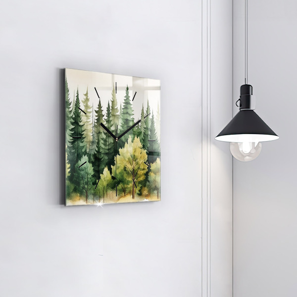 Square glass wall clock Landscape forest