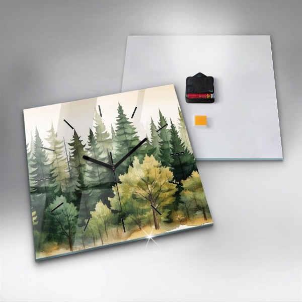 Square glass wall clock Landscape forest