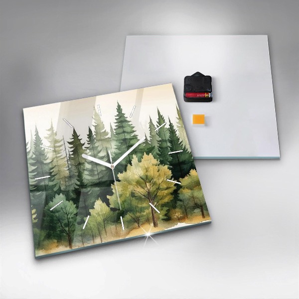 Square glass wall clock Landscape forest