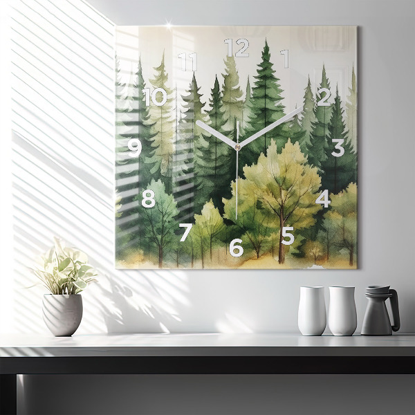 Square glass wall clock Landscape forest