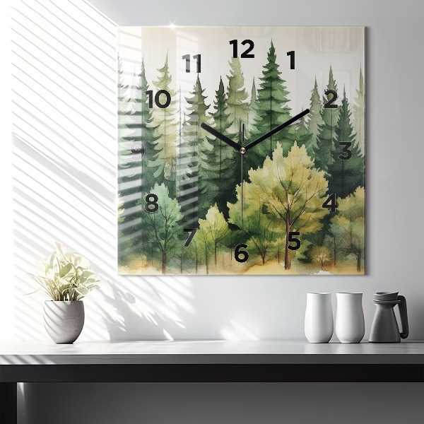 Square glass wall clock Landscape forest
