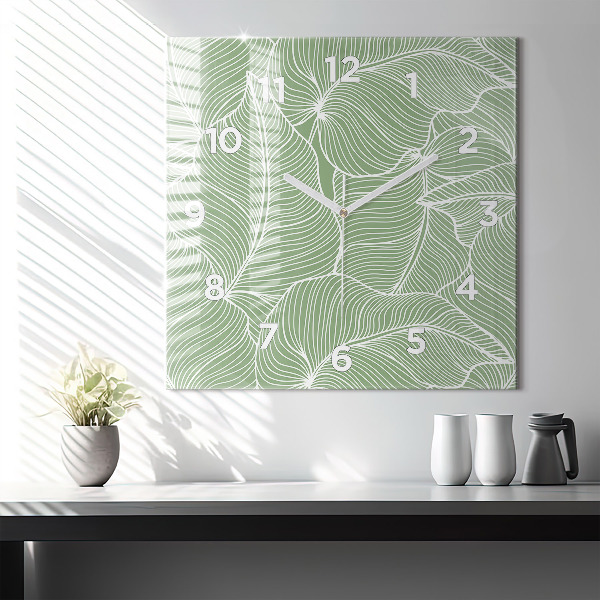 Square glass wall clock Leaves nature pattern