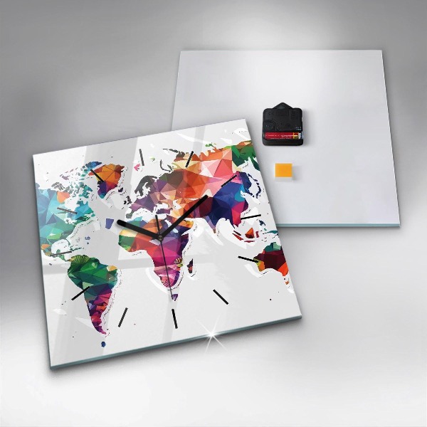 Square glass wall clock World map triangles