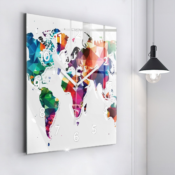 Square glass wall clock World map triangles