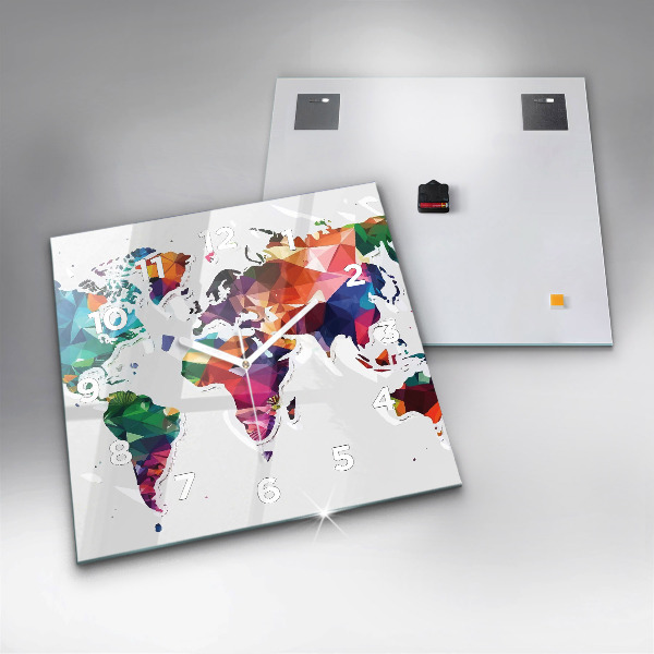 Square glass wall clock World map triangles