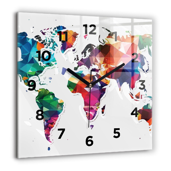 Square glass wall clock World map triangles