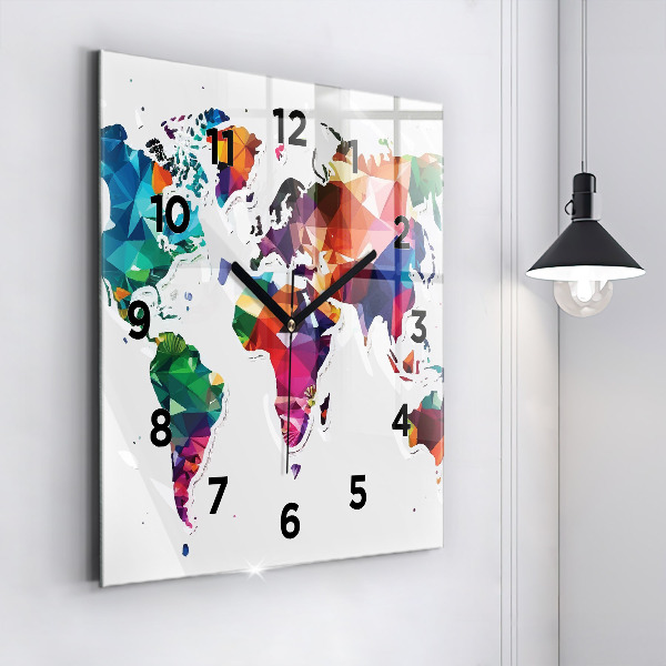 Square glass wall clock World map triangles