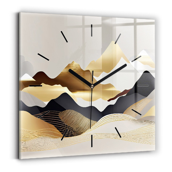 Square glass wall clock Abstract golden mountains