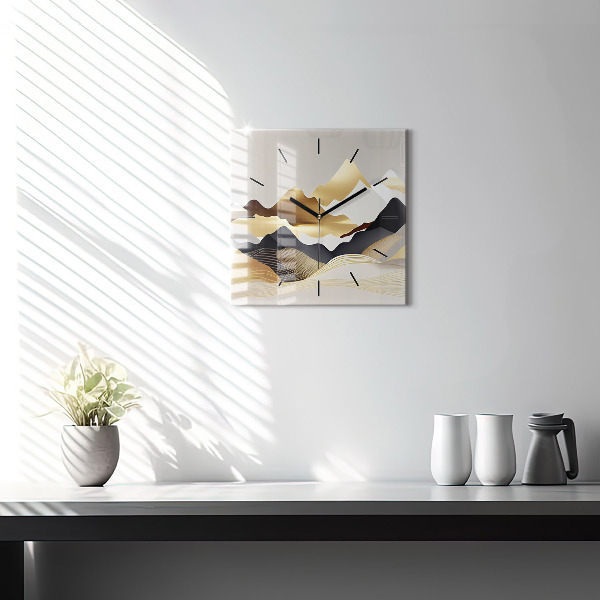 Square glass wall clock Abstract golden mountains