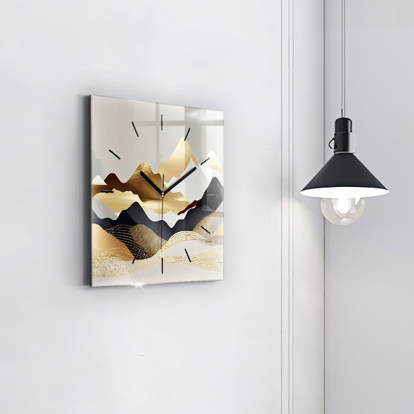 Square glass wall clock Abstract golden mountains
