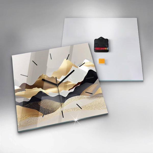 Square glass wall clock Abstract golden mountains