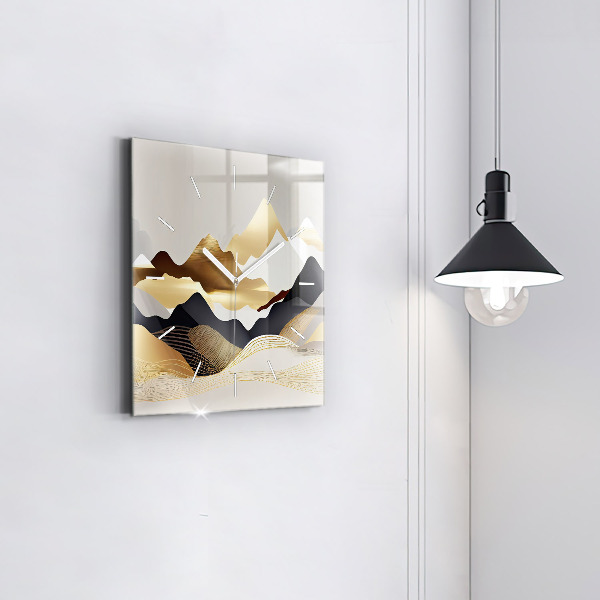 Square glass wall clock Abstract golden mountains