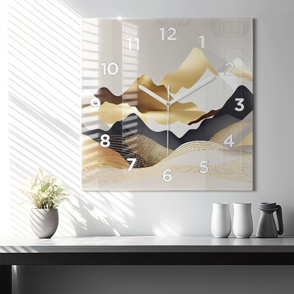 Square glass wall clock Abstract golden mountains
