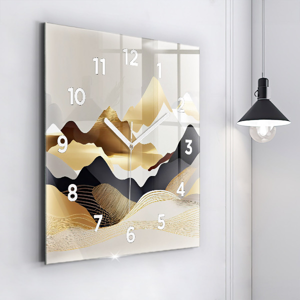 Square glass wall clock Abstract golden mountains
