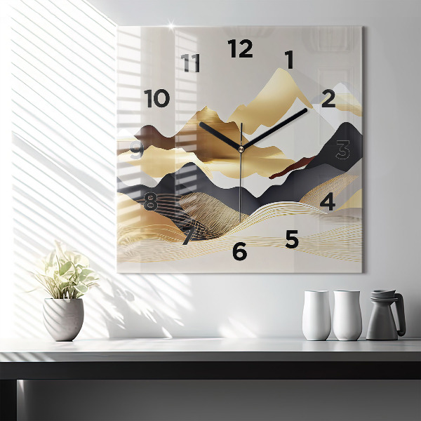 Square glass wall clock Abstract golden mountains