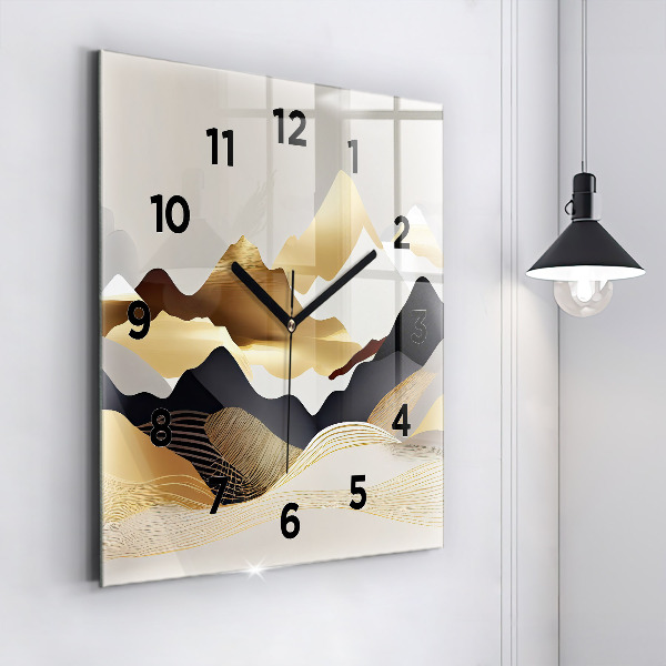 Square glass wall clock Abstract golden mountains