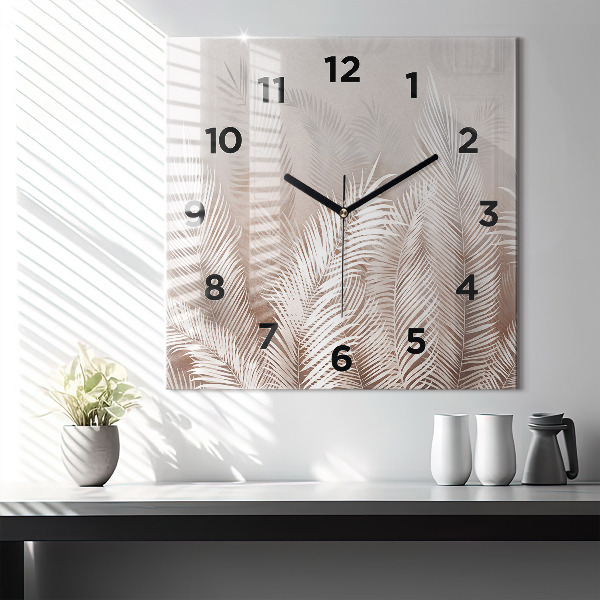 Square glass wall clock Tropical boho leaves