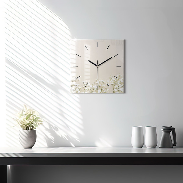 Square glass wall clock Blooming gypsophila flowers