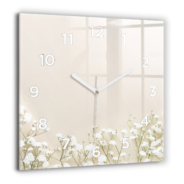 Square glass wall clock Blooming gypsophila flowers