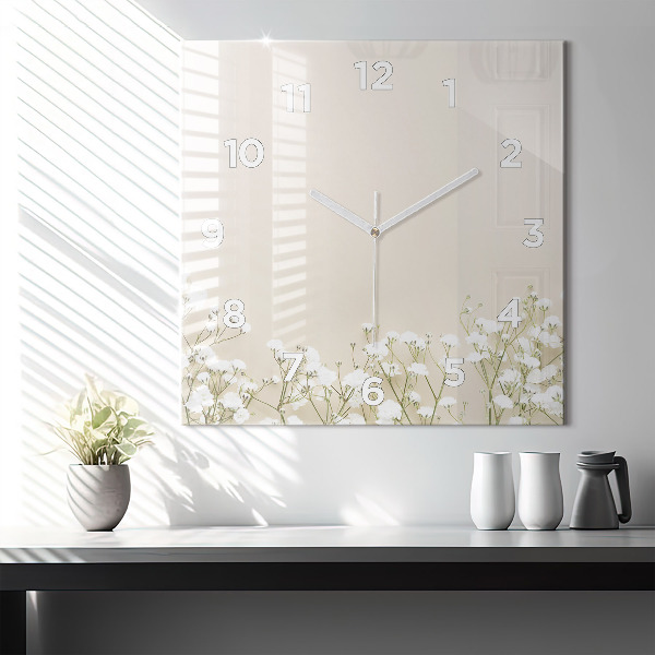 Square glass wall clock Blooming gypsophila flowers