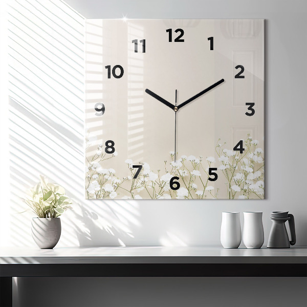 Square glass wall clock Blooming gypsophila flowers