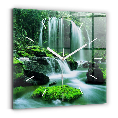Square glass wall clock Waterfall among the moss