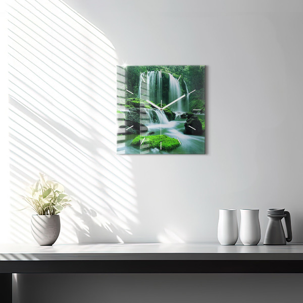 Square glass wall clock Waterfall among the moss